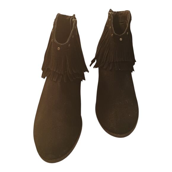 Minnetonka Bandera Women's Fringe Studded Zip Ankle Boot Black Suede Size 10 New - Picture 1 of 8